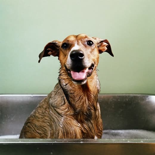 A dog being washed in a grooming bath
