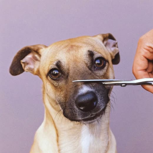 A dog having its face trimmed with grooming scissors
